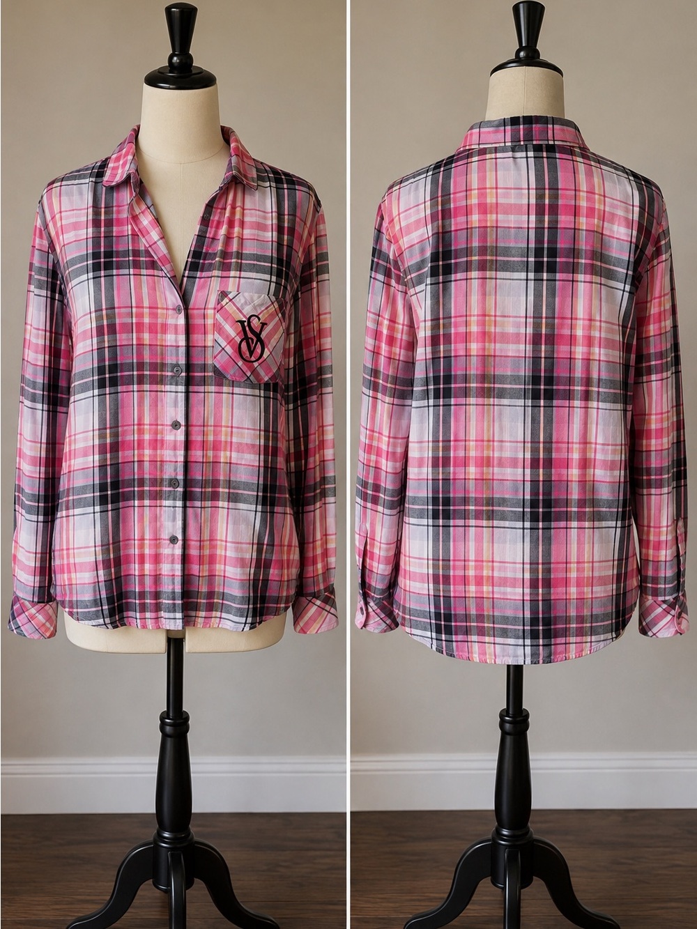 Pink Victoria’s Secret Plaid Long-Sleeve Button-Down PJ top with Chest Pocket